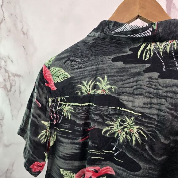 Vintage OP Shirt Mens Medium Black Green Button Up Short Hawaiian Leaf Tropical - Picture 6 of 10